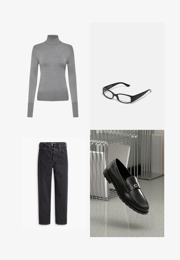 Blazer med houndstooth mønster i sort og hvid, med klippet krave, to forlommer og sorte knapper. Struktureret stof, afslappet pasform.; ONLY ONLVENICE ROLLNECK - Striktrøje - light grey melange; Sorte denim jeans med lige ben, der har en knapåbning, kobberhardware og en subtil tekstur. Klassisk fem-lomme design.; Sorte læder loafers med en hævet søm, guld accentlogo og tekstureret rem. Har en tykk, holdbar gummisål.; Sorte rektangulære briller med klare linser. Blank finish, smalle stænger, og lilla nuance synlig i kanterne af linsen.; Guld-tone øreringe med et spiraldesign og lagdelte kurver, der viser en metallisk finish og en glat tekstur for visuel dybde.