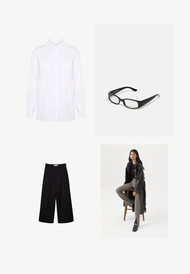 Houndstooth patterned blazer in black and white, featuring a notched collar, two front pockets, and black buttons. Textured fabric, relaxed fit.; White long-sleeve shirt made of cotton, featuring a classic collar and button closure, with full sleeves and a straight cut at the hem.; Black wide-leg trousers with a high waist, pleated front, and button closure. Made from smooth fabric with a tailored design.; Black leather trench coat with buttons and belt detail, paired with light brown fitted pants and black loafers, seated on a wooden stool.; Black rectangular glasses with clear lenses. Glossy finish, narrow arms, and purple tint visible at the edges of the lenses.; Tommy Hilfiger ETERNITY MICRO TOTE MONO - Handbag - universal grey; Gold-tone earrings featuring a spiral design with layered curves, showcasing a metallic finish and smooth texture for visual depth.