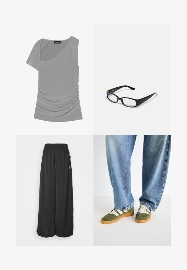 Blazer med houndstooth mønster i sort og hvid, med klippet krave, to forlommer og sorte knapper. Struktureret stof, afslappet pasform.; Grå kortærmet top med asymmetrisk design, samlet tekstur på siden og rund halsudskæring. Fremstillet af blødt, strækbart materiale.; Sorte løstsiddende træningsbukser lavet af glat stof. Har en elastisk talje og sidelogsstriber med logoaccents.; Grønne sneakers med hvide striber og en tekstureret stofoverdel, parret med lyseblå oversized denim jeans med lige ben.; Sorte rektangulære briller med klare linser. Blank finish, smalle stænger, og lilla nuance synlig i kanterne af linsen.; Sort lædertaske med en indsnævret top, snorelukning, dobbelte håndtag og lange skulderremme. Glat tekstur og minimalistisk design.; Guld-tone øreringe med et spiraldesign og lagdelte kurver, der viser en metallisk finish og en glat tekstur for visuel dybde.