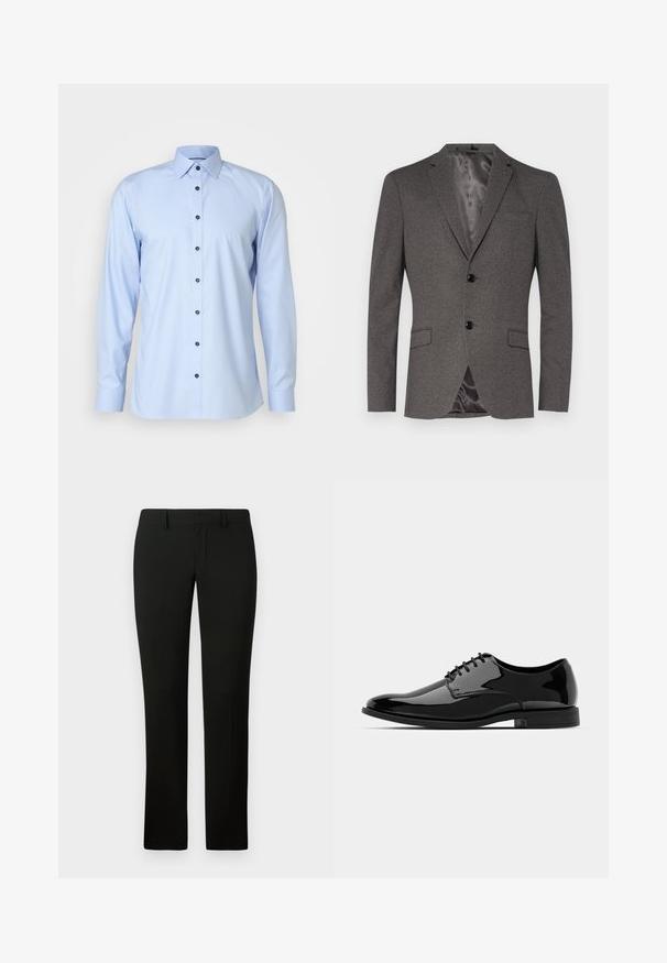 Pelēks žakets, izgatavots no strukturētas auduma, ar divām melnām pogām, krūšu kabatu, divām priekšējām kabatām un gludu, satīna līdzīgu oderi.; OLYMP No. Six SIX SUPER SLIM - Formāls krekls - bleu; Melnas bikses ar pielāgotu piegriezumu, kas raksturojas ar gludu faktūru un taisniem kāju piegriezumiem. Jostasvieta ir aprīkota ar jostu cilpām un ir iztīrīta.; Melna laika kurpe no patentētās ādas ar noapaļotu purngalu, aukliņu dizainu un gludu, spīdīgu virsmu. Aprīkota ar zemu profilu gumijas zoli.