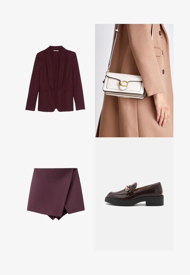 Burgunderfarbener Blazer mit Schalkragen, doppelten Vorderaschen und einer glatten Stoffstruktur. Strukturiert geschnitten mit langen Ärmeln und ohne Knöpfe.; Grauer gestrickter Pullover mit Rundhalsausschnitt, herunterhängenden Schultern und gerippten Bündchen. Weiche Textur und lockere Passform. Keine Muster oder Akzente.; Dunkelviolette asymmetrische Minirock mit einem Wickel-Frontdesign und glatter Stofftextur.; Braune Lederloafers mit einer goldenen Akzent-Schnalle, schwarzem Blockabsatz und einer glatten Oberfläche. Die Seitenansicht zeigt die abgerundete Zehenform und die genähten Details.; Weiße Leder-Crossbody-Tasche mit einem goldenen Verschluss, zeichnet sich durch ein strukturiertes Design, kontrastierende Kanten und einen dünnen verstellbaren Trageriemen aus.