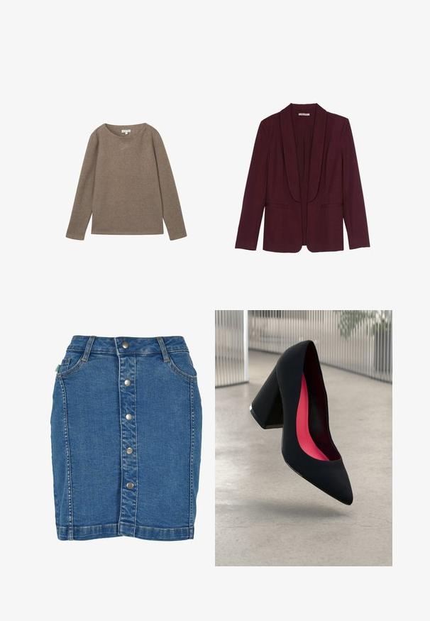 Bordeaux-bleiseri, jossa on kaulushuivi, kaksinkertaiset etutaskut ja sileä kangas. Rakenne on muotoiltu ja siinä on pitkät hihat ilman nappeja.; TOM TAILOR GERIPPTES - Neule - cashew beige melange; Valkoinen puuvillapaita lyhyillä hihoilla, v-kaula-aukko, jossa on pieni laivastonsininen logo vasemmassa rinnassa ja suora helma.; Farkkuhame, jossa on etupainike, tiukkan muotoilu, vaaleansininen väri ja huomaamattomat ompeluyksityiskohdat.; Musta korkokengän jossa on terävä kärki ja teksturoitu päällinen. Sisäpuolella kirkkaanpinkki vuori. Neliönmuotoinen korko, jossa metallinen koriste pohjassa.