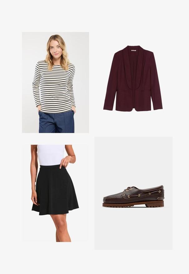Burgunder blazer med sjalskrave, to frontlommer og en glat stofoverflade. Struktureret pasform med lange ærmer og uden knapper.; Langærmet stribet top lavet af blødt stof; har en cremet bund med marineblå striber og en rund halsudskæring, der er parret med løse blå bukser.; Sort flagrende nederdel lavet af blødt stof med en glat tekstur og bred talje, med bløde plisseringer og knælangt snit.; Brune læder bådsko med gyldne øjer, runde snørebånd og en struktureret brun gummisål. Har quiltede detaljer og et forhøjet logo.