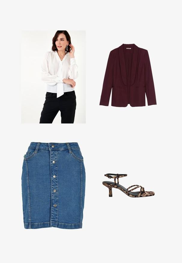Burgunder blazer med sjalskrave, to frontlommer og en glat stofoverflade. Struktureret pasform med lange ærmer og uden knapper.; Hvid, gennemsigtig bluse med ballonærmer, en halskæde-sløjfe og knaplukninger ved håndleddene, parret med sorte bukser. Glat tekstur.; Denim nederdel med knaplukning foran, tætsiddende design, lys blå farve og diskrete syninger.; Sandaler med hæl i leopardmønster og firkantet tå, med flere stropper og en mellemhøj hæl. Fremstillet af blødt tekstilmateriale.