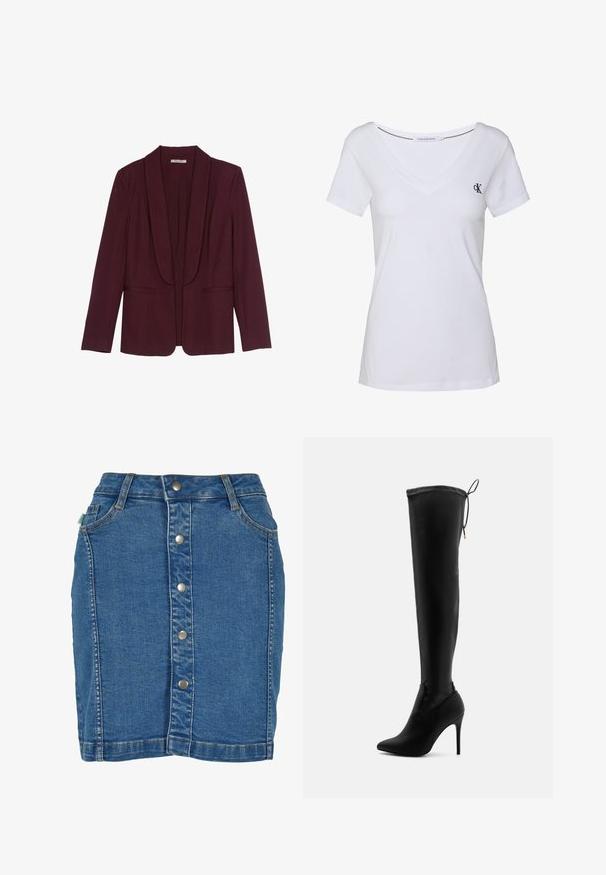 Burgunder blazer med sjalskrave, to frontlommer og en glat stofoverflade. Struktureret pasform med lange ærmer og uden knapper.; Hvid bomulds T-shirt med korte ærmer, v-hals design, med et lille marineblåt logo på venstre bryst og en lige kant.; Denim nederdel med knaplukning foran, tætsiddende design, lys blå farve og diskrete syninger.; Sorte over-knæ støvler lavet af glat syntetisk materiale, med spids tå, høj stiletto hæl og justerbare snøre detaljer øverst.