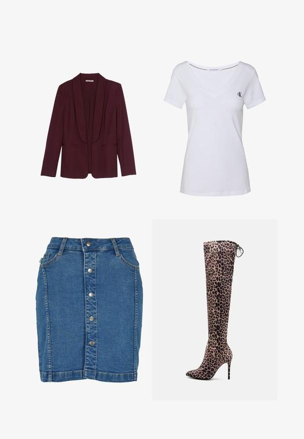 Blazer bordeaux con colletto a scialle, doppie tasche frontali e una consistenza del tessuto liscia. Vestibilità strutturata con maniche lunghe e senza bottoni.; T-shirt bianco in cotone con maniche corte, design a scollo a V, caratterizzato da un piccolo logo blu navy sul petto sinistro e un orlo dritto.; Gonna in denim con chiusura frontale a bottoni, design aderente, colore azzurro chiaro e sottili dettagli di cucitura.; Stivale al ginocchio con stampa leopardata realizzato in tessuto morbido, con punta affusolata e tacco a stiletto. Dettaglio con coulisse nella parte superiore.