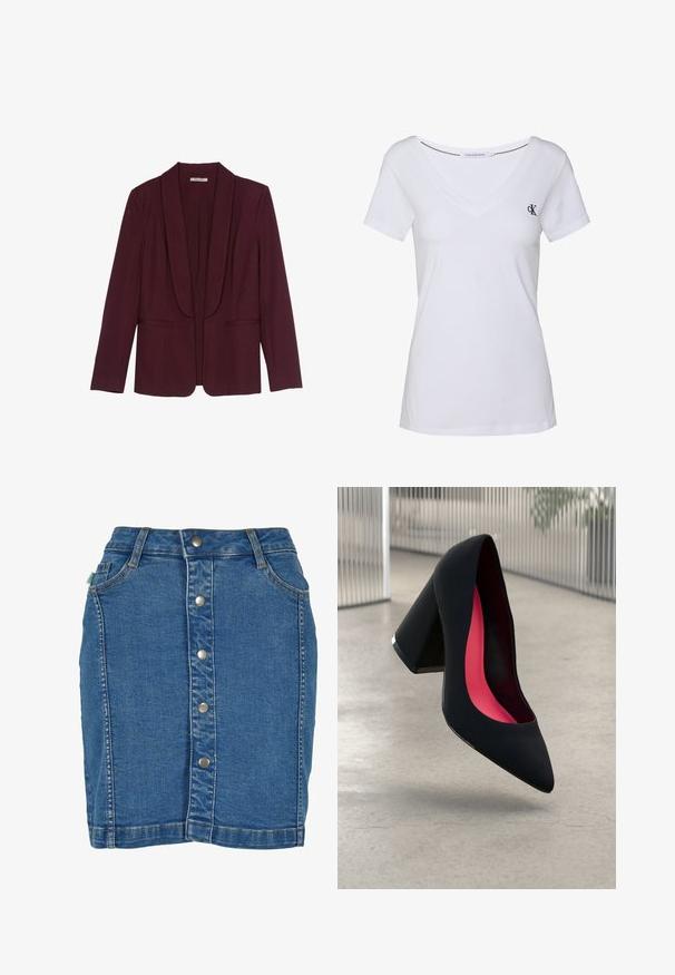 Burgundijas žakete ar šallītes apkakli, divām priekšējām kabatām un gludu auduma tekstūru. Strukturēta piegriezuma ar garām piedurknēm un bez pogām.; Baltas kokvilnas T-krekls ar īsām piedurknēm, V veida kakla dizains, ar nelielu jūras zilas krāsas logo uz kreisās krūšu daļas un taisnu apakšmali.; Džinsa svārki ar priekšējo pogu aizdari, pieguļošu dizainu, gaiši zilu krāsu un smalkām diegu šuvēm.; Melna augsta papēža kurpe ar smailu purngalu, teksturētu virsmu un dzīvespriecīgu rozā interjeru. Satur masīlu papēdi ar sudraba akcentu.