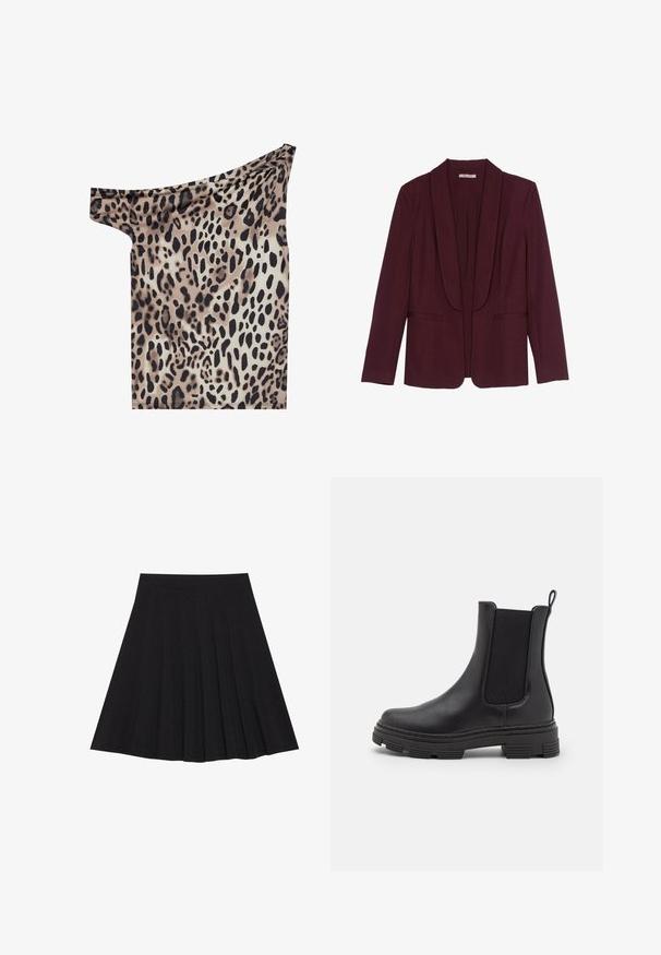 Blazer bordeaux avec un col châle, poches avant doubles et une texture de tissu lisse. Coupe structurée avec des manches longues et sans boutons.; Haut décolleté en tissu léger avec un motif léopard dans des tons de marron, noir et crème ; texture lisse et coupe ajustée.; Jupe plissée noire en tissu texturé avec une taille ajustée. Arrive au genou, présentant une silhouette lisse et épurée.; Botte en cuir noir à la cheville avec des panneaux latéraux élastiques, bout rond et semelle en caoutchouc texturé. Elle dispose d'une poignée à l'arrière pour un enfilage facile.