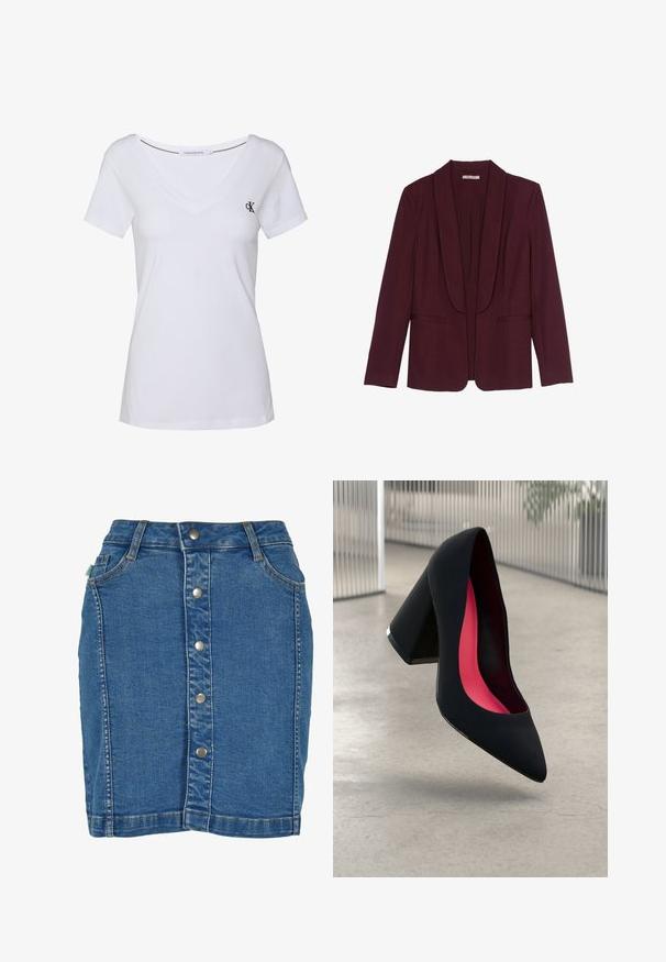 Burgundy sako s šálovým límcem, dvojicí předních kapes a jemnou texturou materiálu. Strukturovaný střih s dlouhými rukávy a bez knoflíků.; Bílá bavlněná tričko s krátkými rukávy, s výstřihem do V, které má malé námořnické logo na levé straně hrudi a rovný lem.; Džínová sukně s předním zapínáním na knoflíky, přiléhavým střihem, světle modrou barvou a nenápadnými švy.; Černá vysoká podpatková bota s špičatou špičkou, texturovaným povrchem a živým růžovým interiérem. Obsahuje masivní podpatek se stříbrným akcentem.