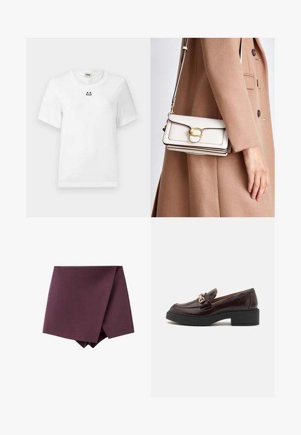 Blazer roșu-burgund cu guler tip șal, două buzunare frontale și o textură de țesătură netedă. Croială structurată cu mâneci lungi și fără nasturi.; T-shirt alb din bumbac, cu mâneci scurte, având un mic desen grafic negru al unei fețe cu ochi în formă de inimă și o gură dreaptă pe piept.; Fustă mini asimetrică de un violet închis, cu un design înfășurat și textură netedă a țesăturii.; Mocasini din piele maro cu un cataramă aurie, toc bloc negru și o textură netedă. Vedere laterală care evidențiază vârful rotunjit și detaliile cusute.; Geantă de umăr albă din piele, cu un închizător aurie, având un design structurat, margini contrastante și o curea subțire ajustabilă.