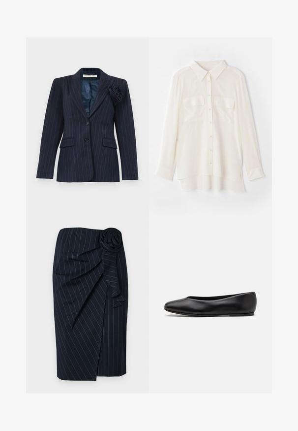 Námořnický modrý blazer s pruhy, se dvěma knoflíky, klopovými kapsami, s vyříznutým límcem a látkovou květinou připevněnou na levém klopě.; Bílá košile na knoflíky vyrobená z lehkého materiálu. Má klasický límec, dvě náprsní kapsy a mírně prodloužený zadní lem.; Námořnická modrá sukně ke kolenům s bílými jemnými pruhy, s designem na zavazování a látkovou růžičkou na pase.; Paul Smith TOPANGA - Klasické baleríny  - black