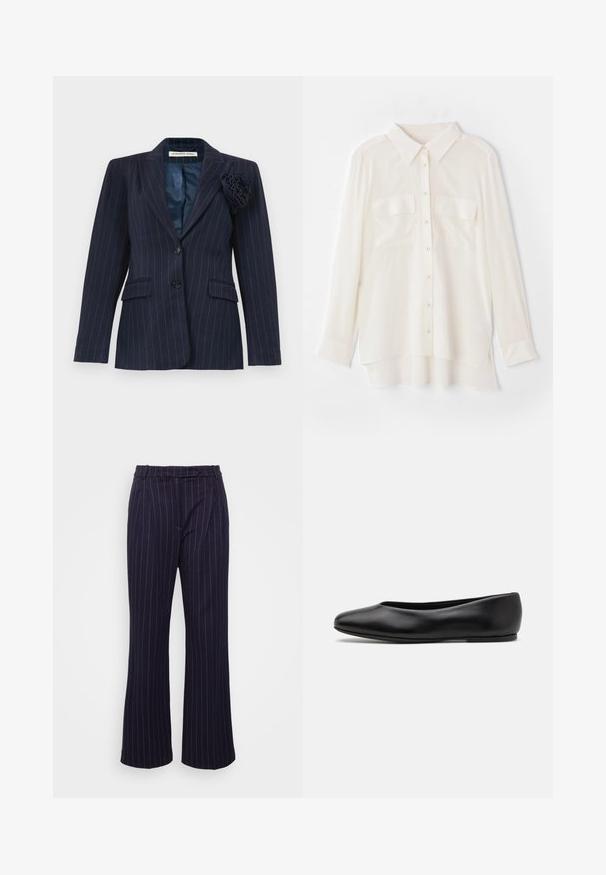 Marineblauwe blazer met een streeppatroon, twee knopen, klepzakken, een afgeknipte kraag en een stoffen bloem gespeld op de linker revers.; Witte overhemd met knopen, gemaakt van lichtgewicht stof. Heeft een klassieke kraag, twee borstzakken en een iets langere achterkant.; DESIGNERS REMIX ZOE PANTS - Broek - navy/white; Paul Smith TOPANGA - Ballerina's - black