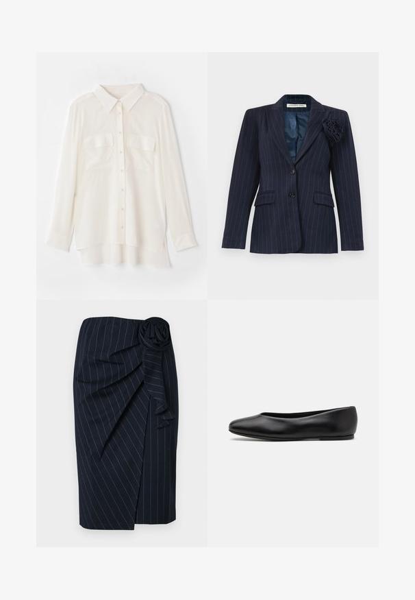 Navy blue pinstripe blazer with two buttons, flap pockets, a notched collar, and a fabric flower pinned on the left lapel.; White button-up shirt made of lightweight fabric. Features a classic collar, two chest pockets, and a slightly longer back hem.; Navy blue knee-length skirt with white pinstripes, wrap design, and a fabric rosette detail at the waist.; Paul Smith TOPANGA - Ballet pumps - black