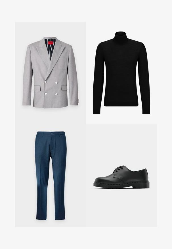Grauer doppelt-knöpfiger Blazer aus strukturiertem Stoff. Mit spitzen Revers, zwei vorderen Taschen und weißen Knöpfen. Gefüttert mit gestreiftem Muster.; Schwarzer Rollkragenpullover aus weichem Material mit langen Ärmeln und enger Passform. Rippbesatz am Saum und an den Bündchen. Einfaches Design.; Marineblaues Hosen mit dezentem Karomuster, aus glattem Stoff gefertigt, mit Knopfverschluss und geradem Bein.; Schwarze Leder-Oxford-Schuhe mit Schnürdesign, runder Zehenform, flacher Gummisohle und subtilen Nähten entlang des oberen Teils.