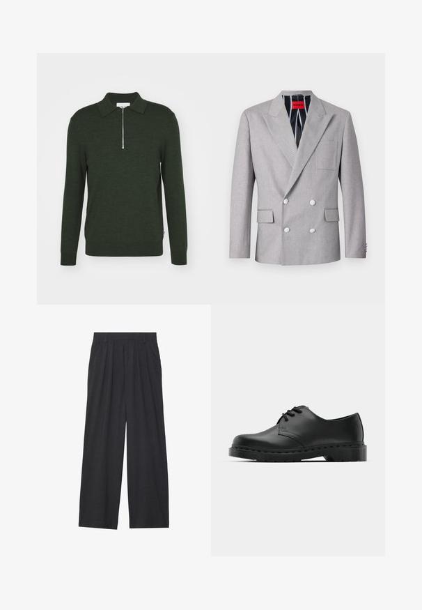 Grauer doppelt-knöpfiger Blazer aus strukturiertem Stoff. Mit spitzen Revers, zwei vorderen Taschen und weißen Knöpfen. Gefüttert mit gestreiftem Muster.; NN.07 SERGIO - Strickpullover - dark army; Weit geschnittene Hosen aus dunkelgrauem Stoff. Merkmale sind Falten an der Taille, ein maßgeschneiderter Schnitt und eine gerade Silhouette.; Schwarze Leder-Oxford-Schuhe mit Schnürdesign, runder Zehenform, flacher Gummisohle und subtilen Nähten entlang des oberen Teils.