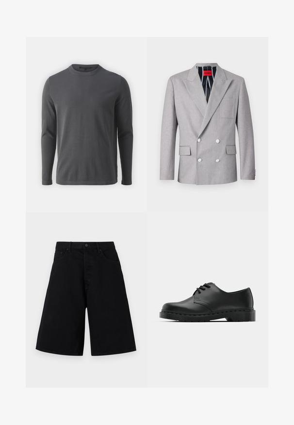Harmaa kaksirivinen bleiseri, joka on valmistettu tekstuurista kankaasta. Varustettu terävillä puolikääntökauluksilla, kahdella etupussilla ja valkoisilla napeilla. Vuorattu raidallisella kuviolla.; Harmaa pitkähihaisessa paidassa on pehmeä kangas. Siinä on pyöreä kaula-aukko, suora helma ja minimalistinen muotoilu ilman kuvioita tai yksityiskohtia.; Musta farkkushortsit rentoilla mitoituksella, joissa on klassinen viiden taskun muotoilu ja nappikiinnitys, sileä pinta ja suora lahjetyyli.; Musta nahkainen oxford-kengät, joissa on nauhakiinnitys, pyöreä kärki, litteä kumipohja ja hillitty ompelutaito yläosassa.