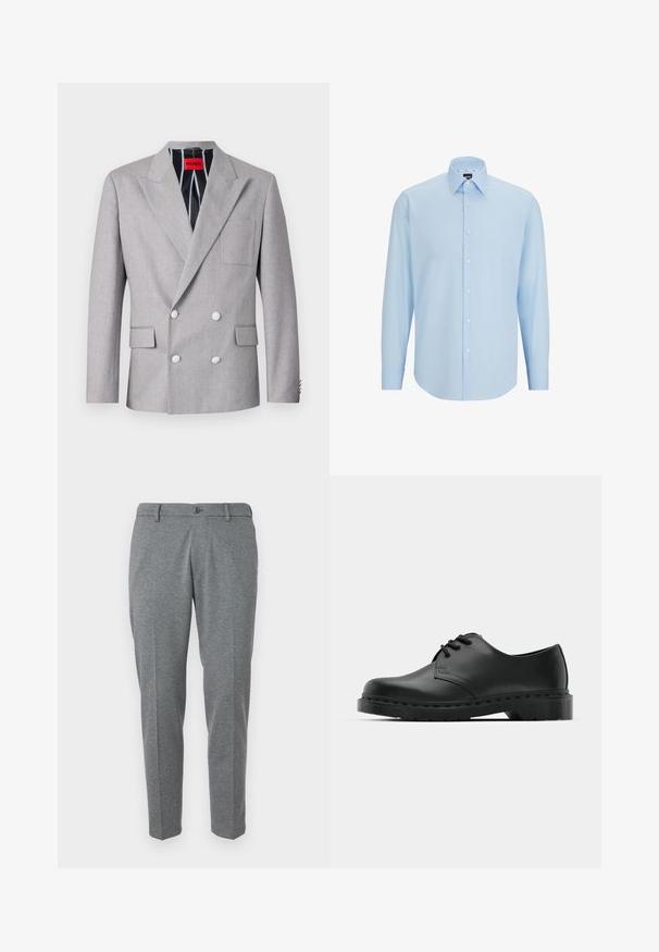 Blazer grigio doppiopetto realizzato in tessuto testurizzato. Presenta rever a punta, due tasche frontali e bottoni bianchi. Fodera con motivo a righe.; Camicia da uomo a maniche lunghe di colore blu chiaro, realizzata in tessuto morbido, con chiusura a bottoni sul davanti, colletto a punte e vestibilità regolare.; Pantaloni grigi in tessuto texturizzato, con chiusura a bottone, passanti per cintura e due tasche frontali, design slim fit.; Scarpa oxford in pelle nera con design con lacci, punta arrotondata, suola piatta in gomma e dettagli di cucitura discreti lungo la parte superiore.