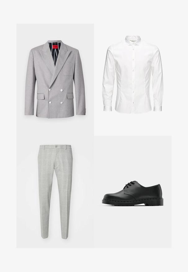 Blazer cinza de duas fileiras, feito de tecido texturizado. Apresenta lapelas pontiagudas, dois bolsos frontais e botões brancos. Forrado com padrão riscado.; Camisa branca de mangas longas com botões, feita de um tecido liso. Apresenta um colarinho clássico, botões na frente e punhos com um botão. Design ajustado.; Calças xadrez cinzentas com um corte ajustado, apresentando uma frente lisa, fecho de um único botão e passantes para cinto. Feitas de um tecido suave.; Sandalho oxford de couro preto com design de atacador, bico arredondado, sola de borracha plana e detalhe de costura discreto no cabedal.