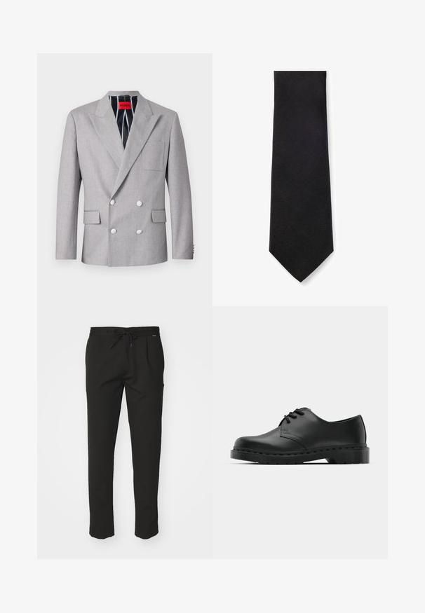 Grå dubbelknäppt kavaj i texturerad tyg. Har spetsiga slag, två framfickor och vita knappar. Fodrad med randigt mönster.; Vit långärmad skjorta med knappar gjord av mjukt tyg. Har en klassisk krage, framknappar och ärmändar med en knapp. Slim fit-design.; Svarta joggerbyxor med dragsko i midjan, två framfickor, en slim fit och ett mjukt, strukturerat tyg. Inga synliga logotexter.; Svart lädersko i oxford-stil med snörningsdesign, rund tå, platt gummisula och subtila sömdetaljer längs ovandelen.; Svart fluga med ett strukturerat diagonalt mönster, smal form och spetsig topp. Tillverkad av ett slätt tyg, lämplig för formella tillfällen.