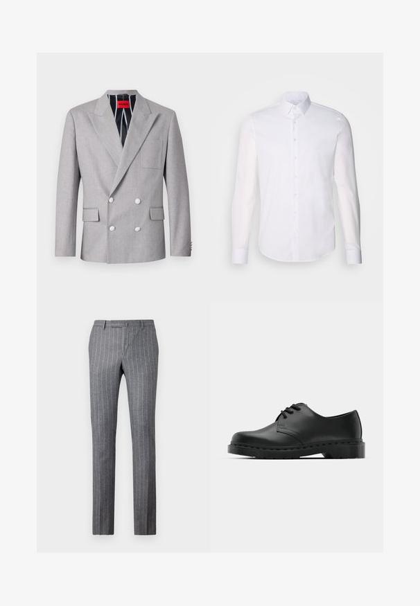 Gray double-breasted blazer made of textured fabric. Features peaked lapels, two front pockets, and white buttons. Lined with striped pattern.; White long-sleeve button-up shirt made from cotton, featuring a classic collar, front buttons, and minimal stitching detail.; Gray pinstriped trousers made from textured fabric, featuring a classic design, straight fit, and two front pockets.; Black leather oxford shoe with lace-up design, rounded toe, flat rubber sole, and subtle stitching detail along the upper.