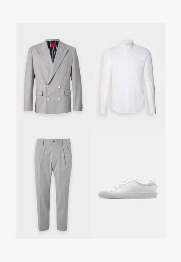 Blazer cinza de duas fileiras, feito de tecido texturizado. Apresenta lapelas pontiagudas, dois bolsos frontais e botões brancos. Forrado com padrão riscado.; Camisa branca de manga longa com botões, feita de algodão, apresentando um colarinho clássico, botões frontais e um detalhe de costura minimalista.; Calças cinzentas sob medida com uma textura suave, apresentando um design plissado, bolsos frontais, uma cintura com passadores de cinto e fecho com botão.; Sapatilha branca com um cabedal em couro liso e de perfil baixo. Apresenta um bico redondo, seis ilhoses e uma sola de borracha texturizada.