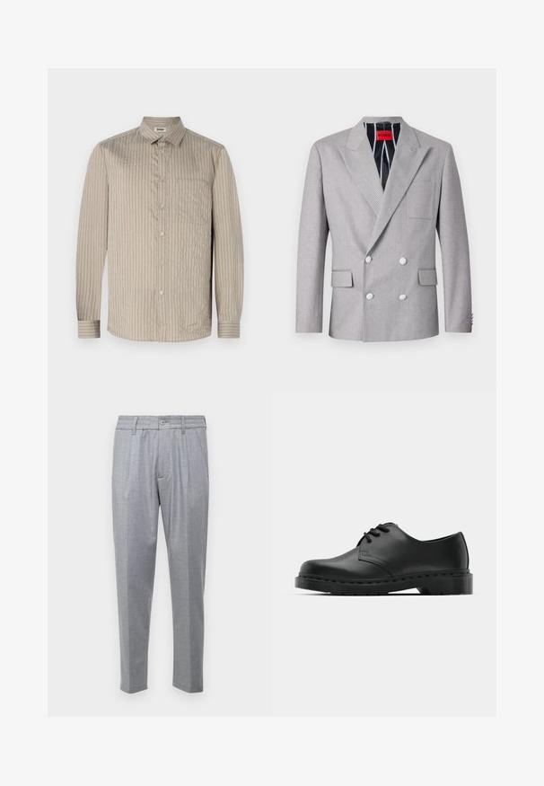 Blazer gri cu două rânduri de nasturi, realizat dintr-un material texturat. Dispune de rever ascuțite, două buzunare frontale și nasturi albi. Captușit cu un model în dungi.; Cămașă cu butoni de culoare bej deschis, cu dungi verticale, mâneci lungi, guler și un buzunar pe piept. Fabricată dintr-un material texturat cu o finisare moale.; Pantaloni gri deschis dintr-un material texturat, având pliseuri, o talie clasică și picioare conice. Închidere cu nasture în partea din față.; Shoe oxford din piele neagră, cu sistem de închidere cu șireturi, vârf rotunjit, talpă plată din cauciuc și detalii de cusătură subtile pe partea superioară.