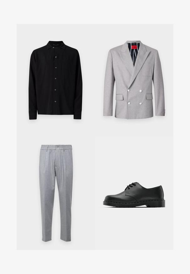 Blazer gri cu două rânduri de nasturi, realizat dintr-un material texturat. Dispune de rever ascuțite, două buzunare frontale și nasturi albi. Captușit cu un model în dungi.; Cămașă lungă neagră cu mânecă lungă, având un guler standard, nasturi în față și o textură netedă, cu o margine dreaptă și manșete butonate.; Pantaloni gri deschis dintr-un material texturat, având pliseuri, o talie clasică și picioare conice. Închidere cu nasture în partea din față.; Shoe oxford din piele neagră, cu sistem de închidere cu șireturi, vârf rotunjit, talpă plată din cauciuc și detalii de cusătură subtile pe partea superioară.