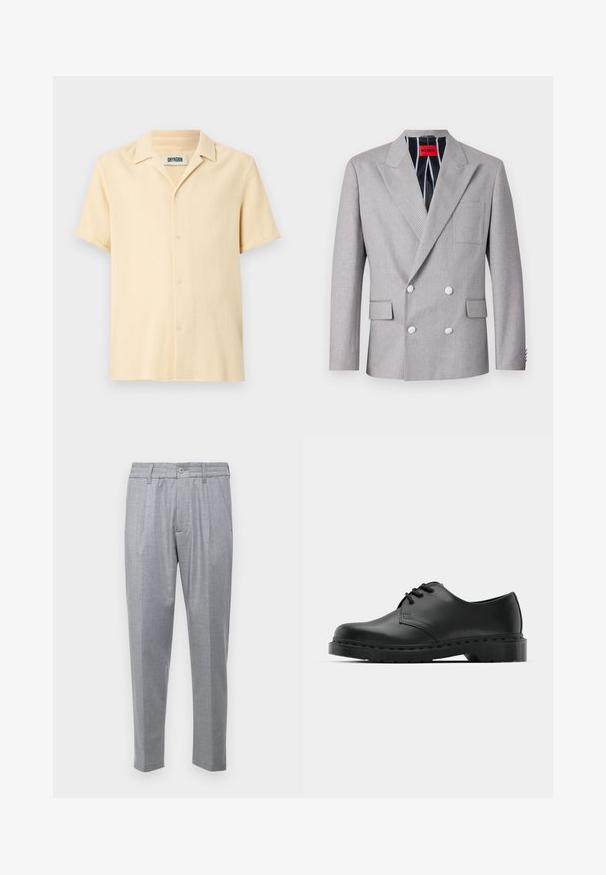 Pilkos spalvos dvigubos eilės švarkas, pagamintas iš tekstūruotos medžiagos. Savybių sąraše yra iškilios apykaklės, dvi priekinės kišenės ir baltos mygtukai. Išklotas dryžuotu raštu.; Šviesiai smėlio spalvos trumpomis rankovėmis marškiniai su tekstūrišku, austa dizainu. Yra šviesiai įpjautas apykaklė ir tiesi hem. ; Šviesiai pilki kelnės su tekstūruotu audiniu, turinčios raukšles, klasikinį liemenį ir siaurėjantį siluetą. Priekyje yra mygtuko užsegimas.; Juodos odinės oksfordo bateliai su raištelių užsegimu, apvaliu pirštu, plokščiu guminiu padu ir subtiliu siuvimo akcentu viršuje.
