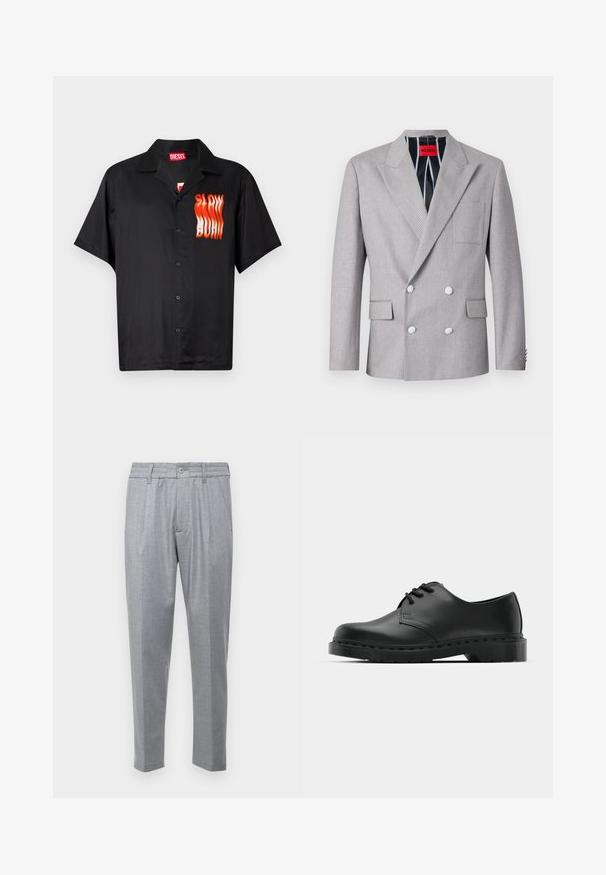 Szürke, kétsoros blézer, textúrált anyagból készült. Csúcsos reverje van, két elülső zsebbel és fehér gombokkal. Csíkos mintájú béléssel rendelkezik.; Fekete, rövid ujjú ing sima anyagból, bal oldalon piros és narancssárga "SLOW BURN" grafikával és klasszikus gallérdeszámmal.; Világosszürke nadrág, textúrált anyagból, pliszével, klasszikus derékkal és szűkített lábakkal. Gombos zárás elöl.; Fekete bőr oxford cipő fűzős kialakítással, kerek orral, lapos gumitalppal és finom varrással a felső részen.