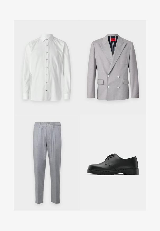 Grauer doppelt-knöpfiger Blazer aus strukturiertem Stoff. Mit spitzen Revers, zwei vorderen Taschen und weißen Knöpfen. Gefüttert mit gestreiftem Muster.; Weißes langärmliges Hemd aus glattem Stoff mit spitzem Kragen. Verfügt über eine durchgehende Knopfleiste mit metallischen Knöpfen und geknöpften Manschetten.; Hellgraue Hose aus strukturiertem Stoff mit Falten, klassischem Bund und schmeichelhaft zulaufenden Beinen. Knopfverschluss vorne.; Schwarze Leder-Oxford-Schuhe mit Schnürdesign, runder Zehenform, flacher Gummisohle und subtilen Nähten entlang des oberen Teils.