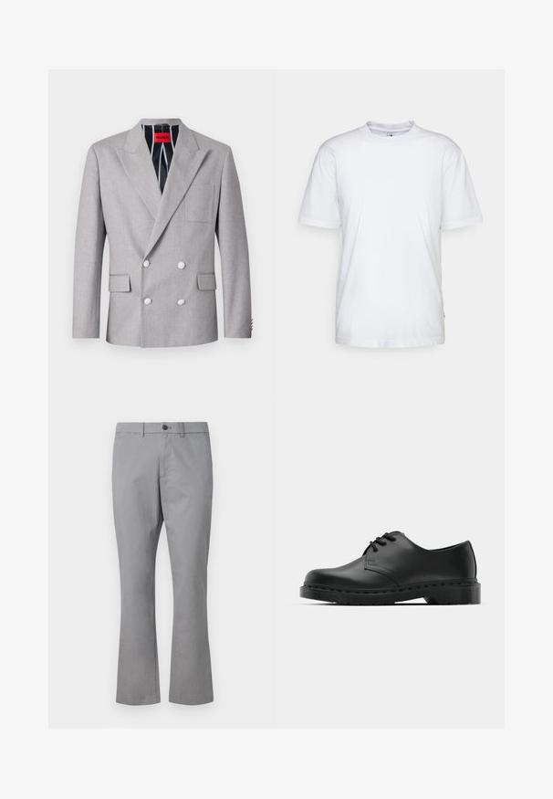 Grauer doppelt-knöpfiger Blazer aus strukturiertem Stoff. Mit spitzen Revers, zwei vorderen Taschen und weißen Knöpfen. Gefüttert mit gestreiftem Muster.; Weißes Baumwoll-T-Shirt mit Rundhalsausschnitt, kurzen Ärmeln und geradem Saum. Auf der linken Seitennaht befindet sich ein kleines Markenzeichen.; GAP SLIM PERFORMANCE STRETCH - Chino - pilot grey; Schwarze Leder-Oxford-Schuhe mit Schnürdesign, runder Zehenform, flacher Gummisohle und subtilen Nähten entlang des oberen Teils.