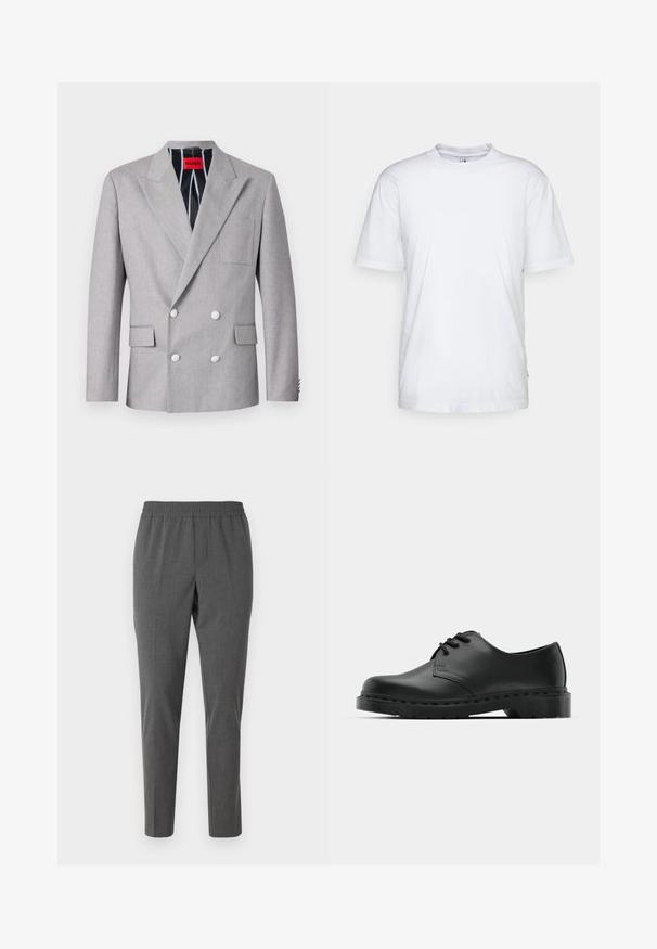 Šedý dvouřadý blejzr vyrobený z texturované tkaniny. Má špičaté klopy, dvě přední kapsy a bílé knoflíky. Podšité s pruhovaným vzorem.; Bílá bavlněná tričko s kulatým výstřihem, krátkými rukávy a rovým lemem. Obsahuje malou značku na levém bočním švu.; Samsøe Samsøe SMITHY TROUSERS - Chino kalhoty - dark grey; Černé kožené oxfordy s šněrováním, zakulacenou špičkou, plochou gumovou podrážkou a jemným prošíváním podél svršku.