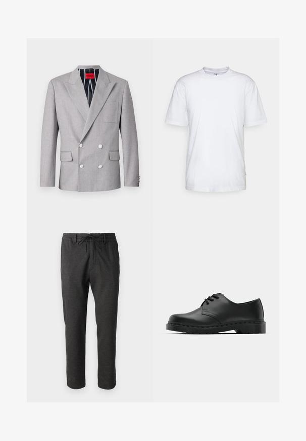 Šedý dvouřadý blejzr vyrobený z texturované tkaniny. Má špičaté klopy, dvě přední kapsy a bílé knoflíky. Podšité s pruhovaným vzorem.; Bílá bavlněná tričko s kulatým výstřihem, krátkými rukávy a rovým lemem. Obsahuje malou značku na levém bočním švu.; Tmavě šedé tepláky vyrobené z měkké látky, s elastickým pasem na šňůrku a bočními kapsami. Rovný střih nohavic.; Černé kožené oxfordy s šněrováním, zakulacenou špičkou, plochou gumovou podrážkou a jemným prošíváním podél svršku.