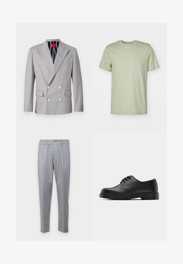 Grauer doppelt-knöpfiger Blazer aus strukturiertem Stoff. Mit spitzen Revers, zwei vorderen Taschen und weißen Knöpfen. Gefüttert mit gestreiftem Muster.; Helles grünes Baumwoll-T-Shirt mit rundem Crew-Halsausschnitt, kurzen Ärmeln und einem dezenten Markenlogo auf der Brustmitte.; Hellgraue Hose aus strukturiertem Stoff mit Falten, klassischem Bund und schmeichelhaft zulaufenden Beinen. Knopfverschluss vorne.; Schwarze Leder-Oxford-Schuhe mit Schnürdesign, runder Zehenform, flacher Gummisohle und subtilen Nähten entlang des oberen Teils.