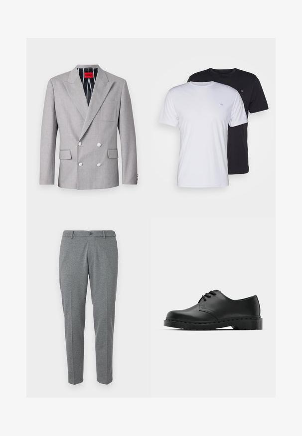 Gray double-breasted blazer made of textured fabric. Features peaked lapels, two front pockets, and white buttons. Lined with striped pattern.; Two cotton t-shirts in white and black, short-sleeved with round necks, featuring a small logo on the chest, smooth texture.; Gray dress pants made from a textured fabric, featuring a button closure, belt loops, and two front pockets, slim fit design.; Black leather oxford shoe with lace-up design, rounded toe, flat rubber sole, and subtle stitching detail along the upper.
