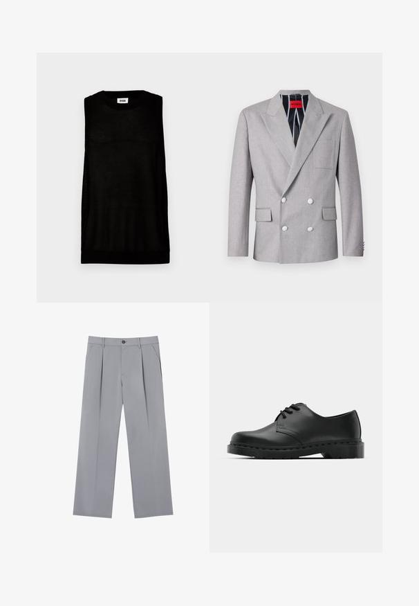 Harmaa kaksirivinen bleiseri, joka on valmistettu tekstuurista kankaasta. Varustettu terävillä puolikääntökauluksilla, kahdella etupussilla ja valkoisilla napeilla. Vuorattu raidallisella kuviolla.; Musta hihaton toppi, joka on valmistettu verkkomateriaalista. Se sisältää pyöreän kaula-aukon, kiinteät reunat helman kohdalla ja sivupaneelit hengittävyyden lisäämiseksi.; Harmaat taitetut housut rentoa istuvuutta, valmistettu kevyestä kankaasta. Ominaisuuksiin kuuluvat etutaskut ja nappikiinnitys vyötäröllä.; Musta nahkainen oxford-kengät, joissa on nauhakiinnitys, pyöreä kärki, litteä kumipohja ja hillitty ompelutaito yläosassa.