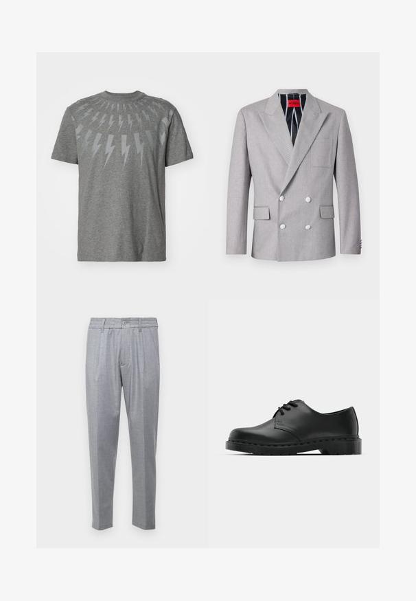 Blazer gri cu două rânduri de nasturi, realizat dintr-un material texturat. Dispune de rever ascuțite, două buzunare frontale și nasturi albi. Captușit cu un model în dungi.; Tricou din bumbac gri, cu un design grafic ce prezintă fulgere de un gri deschis, aranjate într-un model circular în jurul gulerului.; Pantaloni gri deschis dintr-un material texturat, având pliseuri, o talie clasică și picioare conice. Închidere cu nasture în partea din față.; Shoe oxford din piele neagră, cu sistem de închidere cu șireturi, vârf rotunjit, talpă plată din cauciuc și detalii de cusătură subtile pe partea superioară.