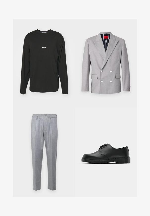 Grijze dubbelvoudige blazer van textuurstof. Heeft pieklapels, twee voorzakken en witte knopen. Voering met gestreept patroon.; Zwarte langmouw T-shirt van katoen, met een klein wit "MSGM" logo op de borst, ronde hals en een vrije pasvorm.; Lichtgrijze broek van een textuurstof, met plooien, een klassieke tailleband en taps toelopende pijpen. Knopsluiting aan de voorkant.; Zwarte leren oxford schoenen met vetersluiting, ronde neus, platte rubberen zool en subtiele stiksel details langs het bovenwerk.