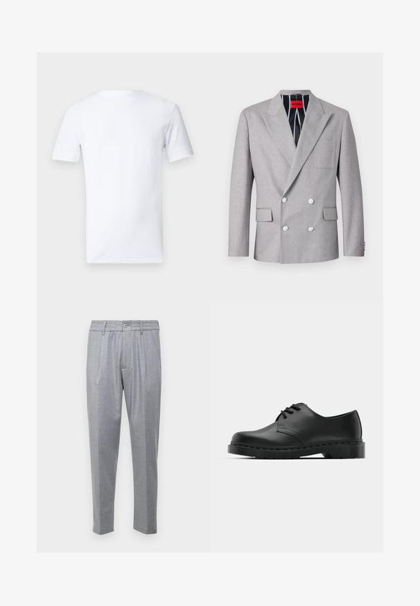 Šedý dvouřadý blejzr vyrobený z texturované tkaniny. Má špičaté klopy, dvě přední kapsy a bílé knoflíky. Podšité s pruhovaným vzorem.; Bílé tričko s krátkým rukávem vyrobené z bavlny, má kulatý výstřih a jednoduchý, bezšvový design zadní strany bez vzorů či grafik.; Světle šedé kalhoty s texturální tkaninou, se sklady, klasickým pasem a zúženými nohavicemi. Zapínání na knoflík vpředu.; Černé kožené oxfordy s šněrováním, zakulacenou špičkou, plochou gumovou podrážkou a jemným prošíváním podél svršku.