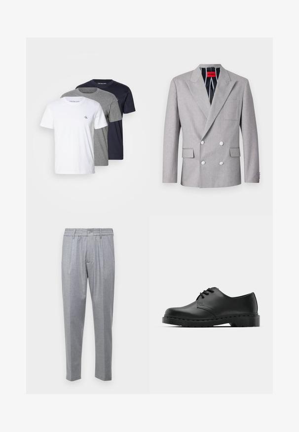 Gray double-breasted blazer made of textured fabric. Features peaked lapels, two front pockets, and white buttons. Lined with striped pattern.; Three short-sleeve T-shirts in white, gray, and navy; made of cotton with a crew neck and Calvin Klein logo on the chest.; Light gray trousers with a textured fabric, featuring pleats, a classic waistband, and tapered legs. Button closure at the front.; Black leather oxford shoe with lace-up design, rounded toe, flat rubber sole, and subtle stitching detail along the upper.