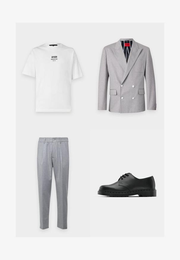 Blazer grigio doppiopetto realizzato in tessuto testurizzato. Presenta rever a punta, due tasche frontali e bottoni bianchi. Fodera con motivo a righe.; T-shirt bianca in cotone con maniche corte, scollatura rotonda e testo stampato in nero "DRYKORN PER BELLE PERSONE" sul davanti.; Pantaloni grigi chiari con tessuto testurizzato, caratterizzati da pieghe, una vita classica e gambe affusolate. Chiusura a bottoni sul davanti.; Scarpa oxford in pelle nera con design con lacci, punta arrotondata, suola piatta in gomma e dettagli di cucitura discreti lungo la parte superiore.