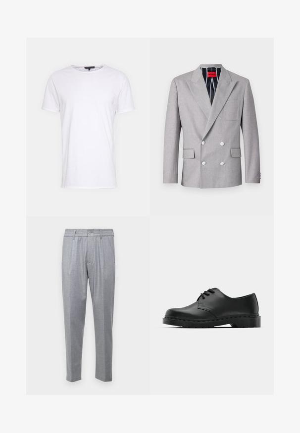 Sivý dvojradový blejzer vyrobený z textúrovanej tkaniny. Disponuje špicatými klopami, dvoma prednými vreckami a bielymi gombíkmi. Podšívka s pruhovaným vzorom.; Biela bavlnená tričko s okrúhlym výstrihom, krátkymi rukávmi a rovnými krajmi. Má jednoduchú, hladkú textúru a žiadne ďalšie vzory.; Svetlož gray nohavice s textúrovanou látkou, s plisovaním, klasickým pásom a zúženými nohavicami. Zatváranie na gombík vpredu.; Čierne kožené oxfordky s viazaním, zaoblenou špičkou, plochou gumovou podrážkou a jemným prešívaním pozdĺž hornej časti.