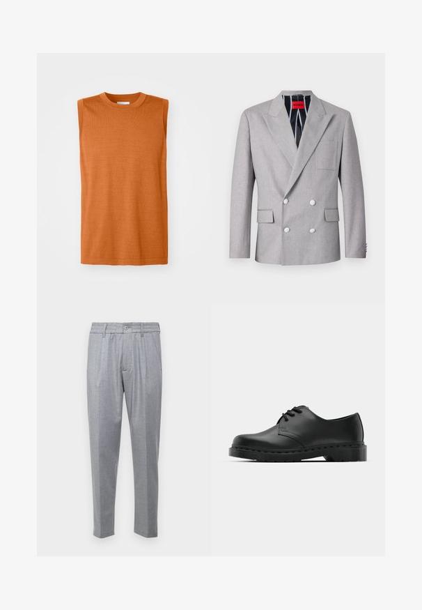 Grå dobbeltradet blazer lavet af tekstureret stof. Har spidse klapper, to forlommer og hvide knapper. Fôret med stribet mønster.; Ærmeløs orange striktop med rund halsudskæring, glat tekstur og lige skæring, der har en ren søm og minimal detaljer.; Lys grå bukser i et struktureret stof, med folder, en klassisk talje og smalle ben. Knaplukning foran.; Sorte læder oxford-sko med snørebåndsdesign, rund tå, flad gummisål og subtil syning langs overdelen.