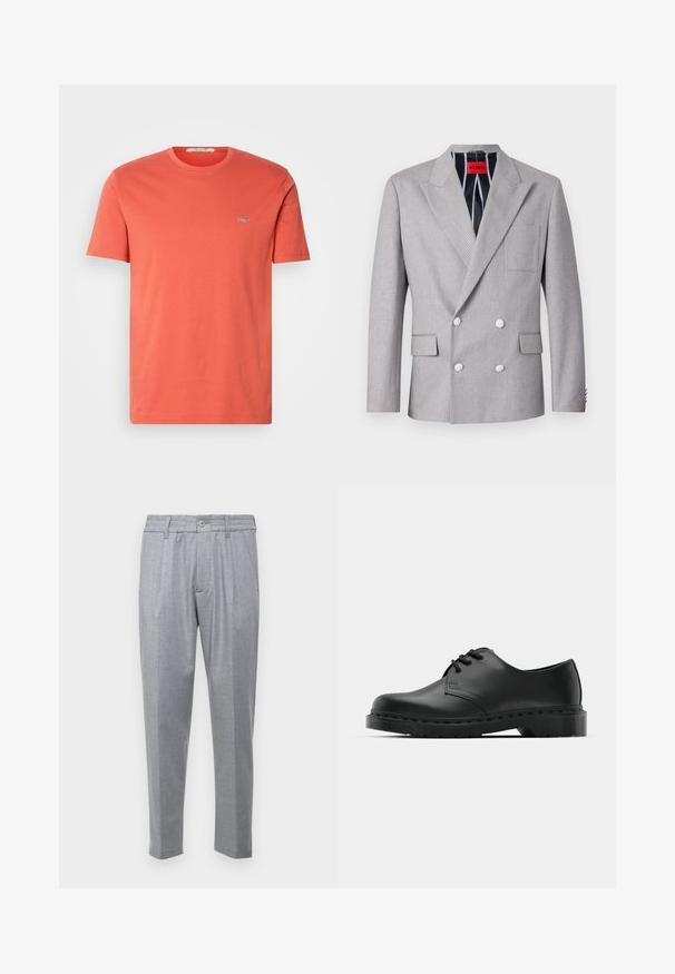 Blazer gri cu două rânduri de nasturi, realizat dintr-un material texturat. Dispune de rever ascuțite, două buzunare frontale și nasturi albi. Captușit cu un model în dungi.; Tricou din bumbac cu mânecă scurtă, de culoare corai, cu guler rotund și un mic logo brodat pe piept. Textură netedă și croială obișnuită.; Pantaloni gri deschis dintr-un material texturat, având pliseuri, o talie clasică și picioare conice. Închidere cu nasture în partea din față.; Shoe oxford din piele neagră, cu sistem de închidere cu șireturi, vârf rotunjit, talpă plată din cauciuc și detalii de cusătură subtile pe partea superioară.