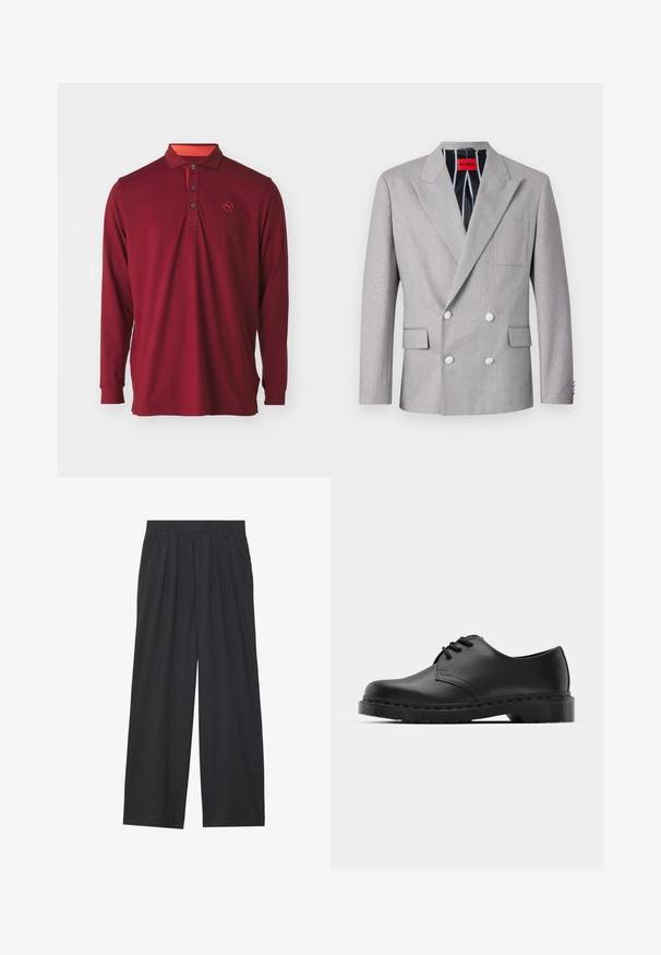 Sivý dvojradový blejzer vyrobený z textúrovanej tkaniny. Disponuje špicatými klopami, dvoma prednými vreckami a bielymi gombíkmi. Podšívka s pruhovaným vzorom.; Dlhý rukáv polo tričko v tmavo červenej farbe, ktoré má zapínanie na gombíky, oranžový akcent na golieri a vyšívané logo na hrudi.; Široké nohavice vyrobené z tmavosivej látky. Majú prešívanie v páse, prispôsobený strih a rovný silueta.; Čierne kožené oxfordky s viazaním, zaoblenou špičkou, plochou gumovou podrážkou a jemným prešívaním pozdĺž hornej časti.