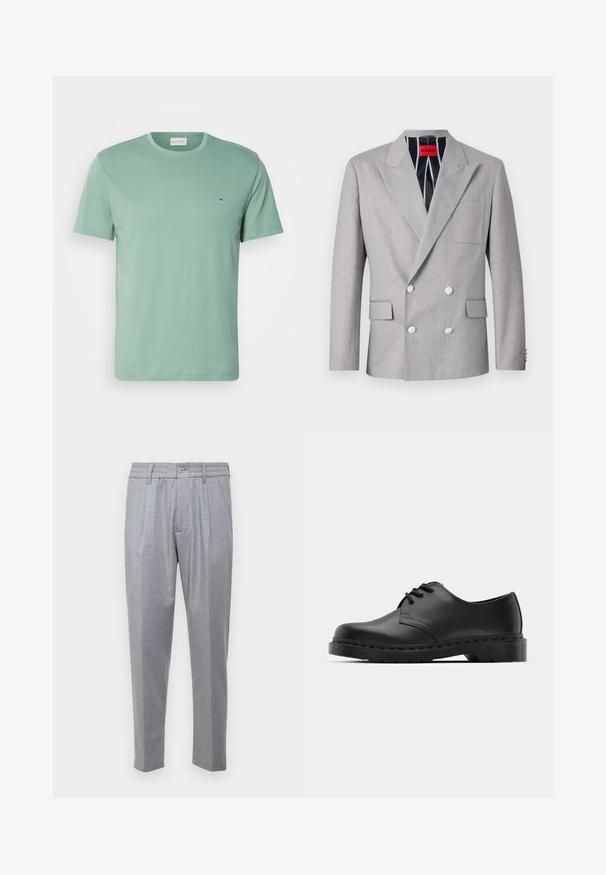 Pilkos spalvos dvigubos eilės švarkas, pagamintas iš tekstūruotos medžiagos. Savybių sąraše yra iškilios apykaklės, dvi priekinės kišenės ir baltos mygtukai. Išklotas dryžuotu raštu.; Šviesiai žalia medvilninė marškinėlių su apvaliu iškirpimu, trumpomis rankovėmis ir maža emblema šalia kairiojo krūtinės pusės. Minkšta tekstūra, standartinė siūlė.; Šviesiai pilki kelnės su tekstūruotu audiniu, turinčios raukšles, klasikinį liemenį ir siaurėjantį siluetą. Priekyje yra mygtuko užsegimas.; Juodos odinės oksfordo bateliai su raištelių užsegimu, apvaliu pirštu, plokščiu guminiu padu ir subtiliu siuvimo akcentu viršuje.