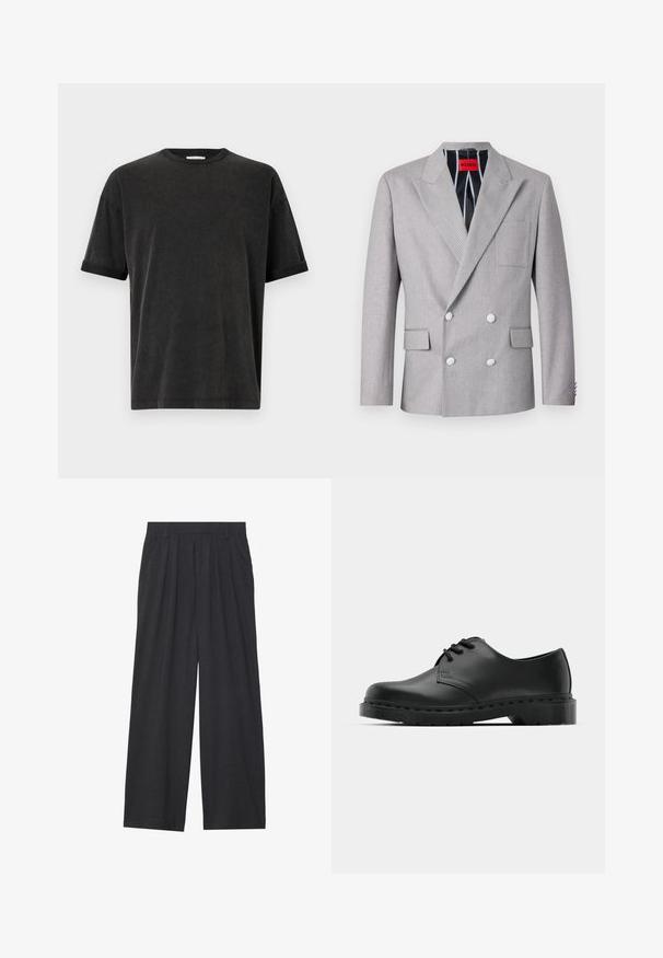 Szary dwurzędowy żakiet wykonany z fakturowanej tkaniny. Posiada szpiczaste klapy, dwie przednie kieszenie i białe guziki. Wyłożony we wzór w paski.; Czarny t-shirt z krótkim rękawem, okrągłym dekoltem, luźnym krojem i zwiniętymi mankietami. Wykonany z miękkiej bawełnianej tkaniny o delikatnej fakturze.; Szerokie spodnie wykonane z ciemnoszarego materiału. Posiadają pliski w talii, dopasowany krój oraz prostą sylwetkę.; Czarne skórzane półbuty oxford z zapięciem na sznurowadła, zaokrąglonym noskiem, płaską gumową podeszwą oraz subtelnym przeszyciem na cholewce.