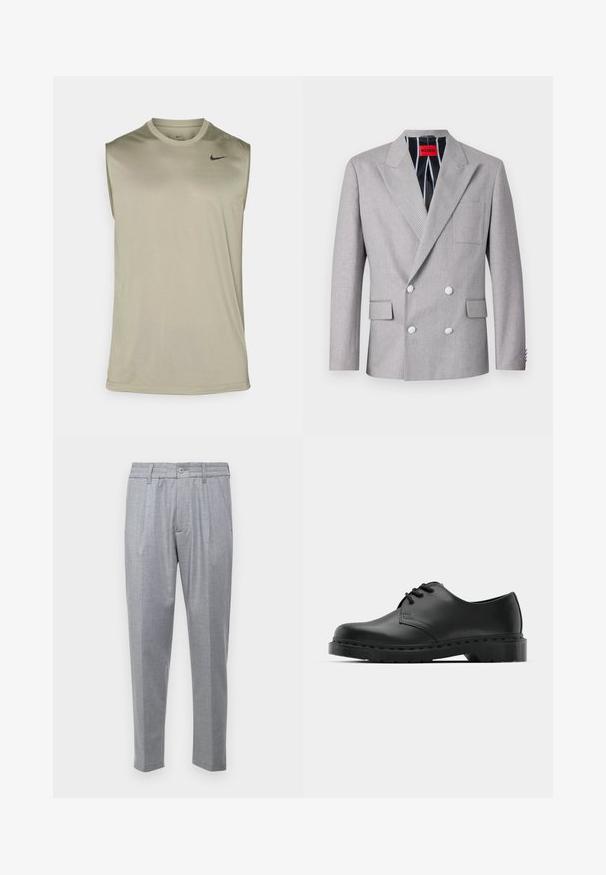 Grauer doppelt-knöpfiger Blazer aus strukturiertem Stoff. Mit spitzen Revers, zwei vorderen Taschen und weißen Knöpfen. Gefüttert mit gestreiftem Muster.; Nike Performance TEE RESET - Top - light army/black; Hellgraue Hose aus strukturiertem Stoff mit Falten, klassischem Bund und schmeichelhaft zulaufenden Beinen. Knopfverschluss vorne.; Schwarze Leder-Oxford-Schuhe mit Schnürdesign, runder Zehenform, flacher Gummisohle und subtilen Nähten entlang des oberen Teils.