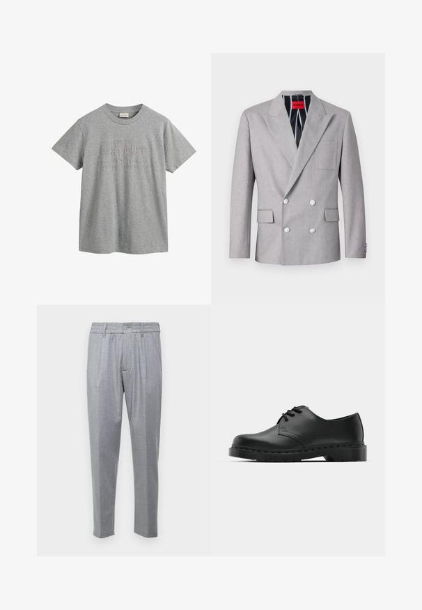 Šedý dvouřadý blejzr vyrobený z texturované tkaniny. Má špičaté klopy, dvě přední kapsy a bílé knoflíky. Podšité s pruhovaným vzorem.; Šedé bavlněné tričko s krátkým rukávem a kulatým výstřihem, se zvýšeným logem, které zahrnuje "GANT" a "American Sportswear."; Světle šedé kalhoty s texturální tkaninou, se sklady, klasickým pasem a zúženými nohavicemi. Zapínání na knoflík vpředu.; Černé kožené oxfordy s šněrováním, zakulacenou špičkou, plochou gumovou podrážkou a jemným prošíváním podél svršku.