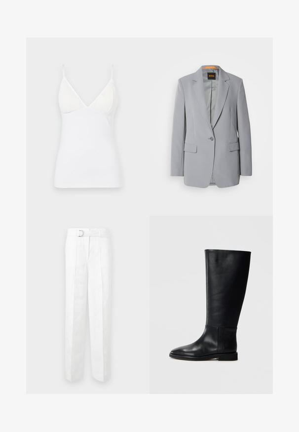 Heledhall hallitusblazer ühe nupuga, sälguga krae ja kahe esi-taskuga. Sile tekstuur ja oranž vooder sises. ; Valge õhuke kampsun õhukeste rihmadega, millel on V-kujuline kaelus, sujuv ja kergest materjalist valmistatud, keha lähedane siluett.; Valged kohandatud püksid, millel on lai jalg, vöökohad ja hõbedane klamber. Valmistatud kerge ja siledast kangast.; Mustadast mustad nahast põlve kõrgus kingad, ümarate varvastega, siledast tekstuurist, minimalistlikus disainis ja lame tallaga. Lihtsad õmbluse detailid varrel.